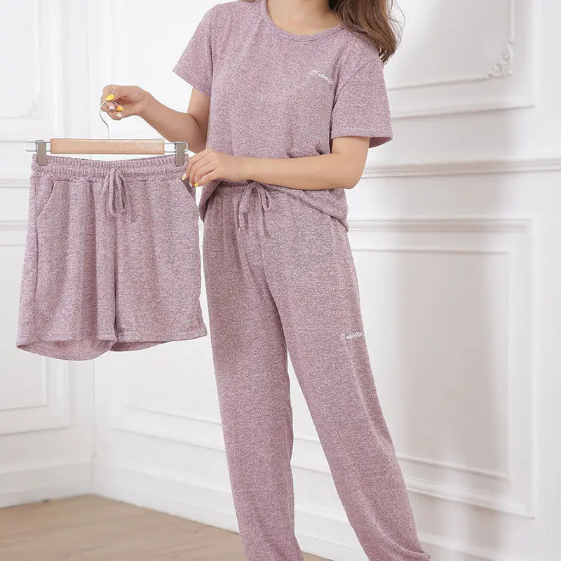 Pižamo Nastavite Ženske Mehko Bombažno Mama Priložnostne Dolgo Pyjama Hlače, Kratke Hlače, Majica 3 Kos/Nastavite Velike Velikosti Doma 2020 Moda Sleepwear
