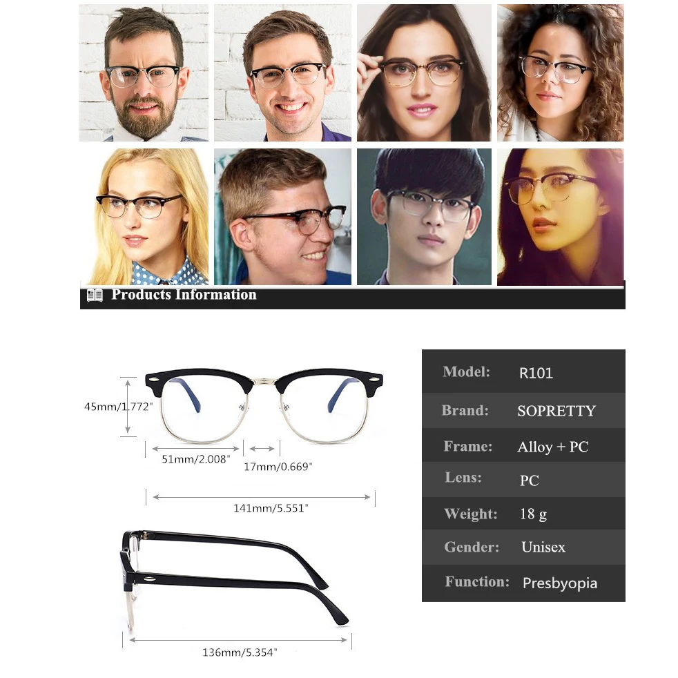 Plastični Titana Obravnavi Očala Semi-Rimless Moških Očala Ženske Novo Daljnovidnost Darilo za očeta +1.50 +2.00 +2.50 +3.00 R101