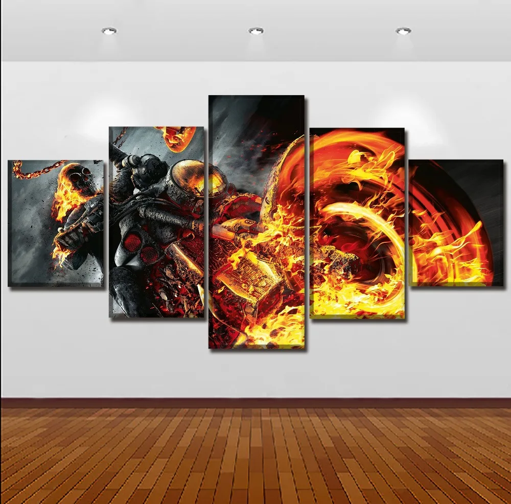 Platno Natisni Slike Doma Dekor Okvir 5 Kos Stripi Ghost Rider, Slikarstvo Lobanje In Povzetek Ogenj Motocikel Plakat Wall Art