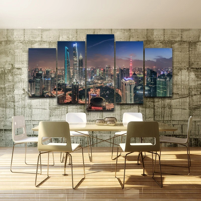 Platno Plakat Wall Art Doma Dekor Za dnevno Sobo Okvir 5 Kosov Shanghai Tower Mesto Stavbe Slikarstvo HD Tiskanja Modularni Slike
