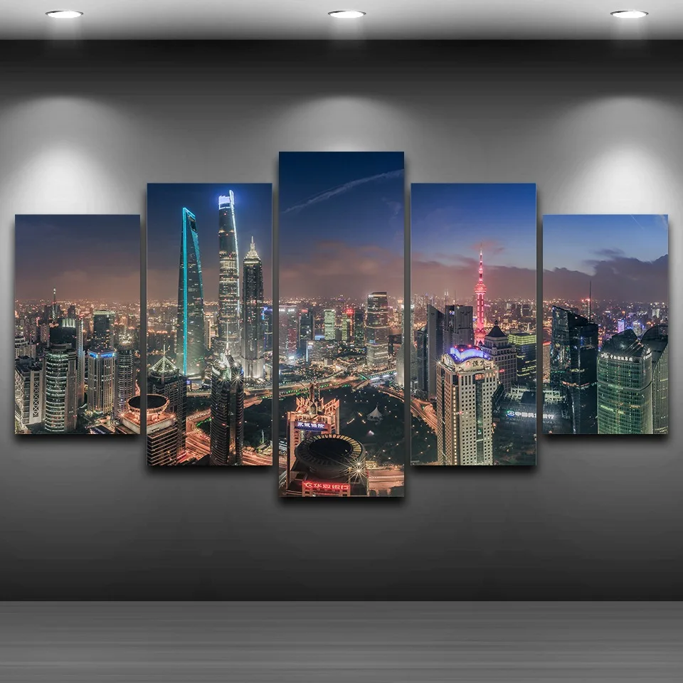 Platno Plakat Wall Art Doma Dekor Za dnevno Sobo Okvir 5 Kosov Shanghai Tower Mesto Stavbe Slikarstvo HD Tiskanja Modularni Slike