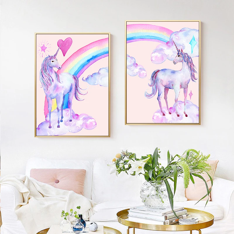 Platno Slikarstvo Rainbow Unicorn Plakatov In Fotografij Akvarel Pegasus Wall Art Dekorativne Slike Skandinavski Slog, Otroci Dekoracijo