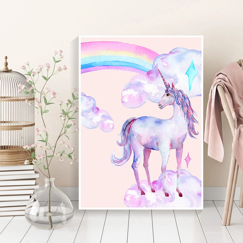 Platno Slikarstvo Rainbow Unicorn Plakatov In Fotografij Akvarel Pegasus Wall Art Dekorativne Slike Skandinavski Slog, Otroci Dekoracijo