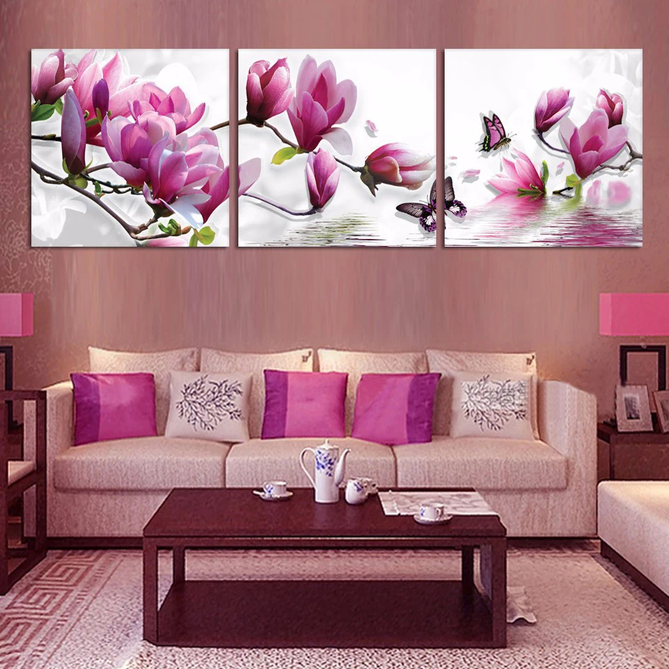 Platno, Slike dnevne Sobe Doma Dekor HD Natisne 3 Kosov Metulji Igrajo Magnolia Pictures Cvetje Plakat Wall Art Okvir