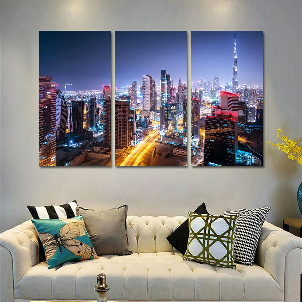 Platno Slike Wall Art Okvir Doma Dekor 3 Kosov Dubaju, Mesto Stavbe Nightscape Slikarstvo HD Natisne Burj Khalifa Stolp Plakat