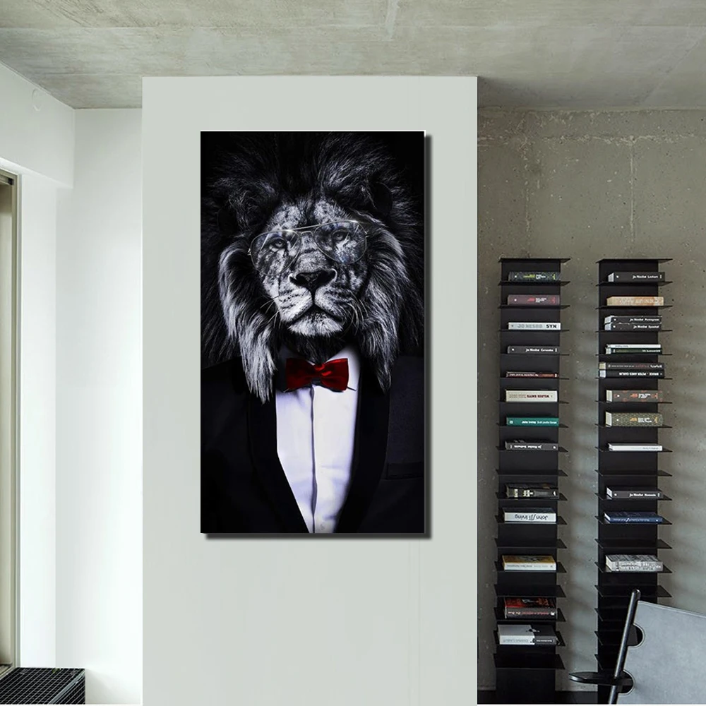 Platno Umetnosti Plakatov Črn Divji Lev v Obleko In Fotografij Povzetek Lev Kajenje Cigar Platna Slike Na Steni Umetniške Slike