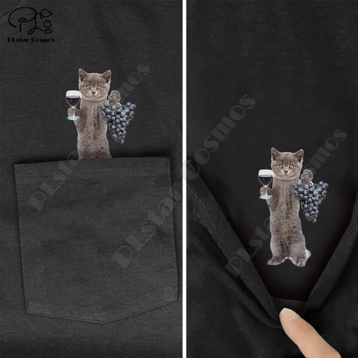 PLstar Kozmos Majica Fashion poletje žep Vino cat natisnjeni t-shirt moški za ženske majice, vrhovi smešno bombaž black tees slog-1