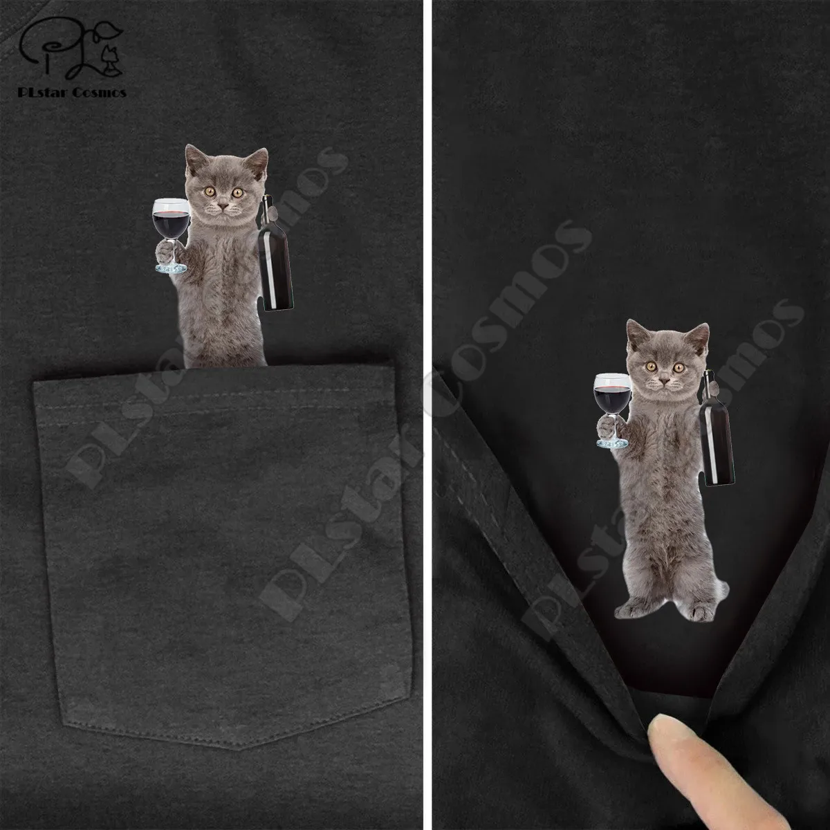PLstar Kozmos Majica Fashion poletje žep Vino cat natisnjeni t-shirt moški za ženske majice, vrhovi smešno bombaž black tees slog-1