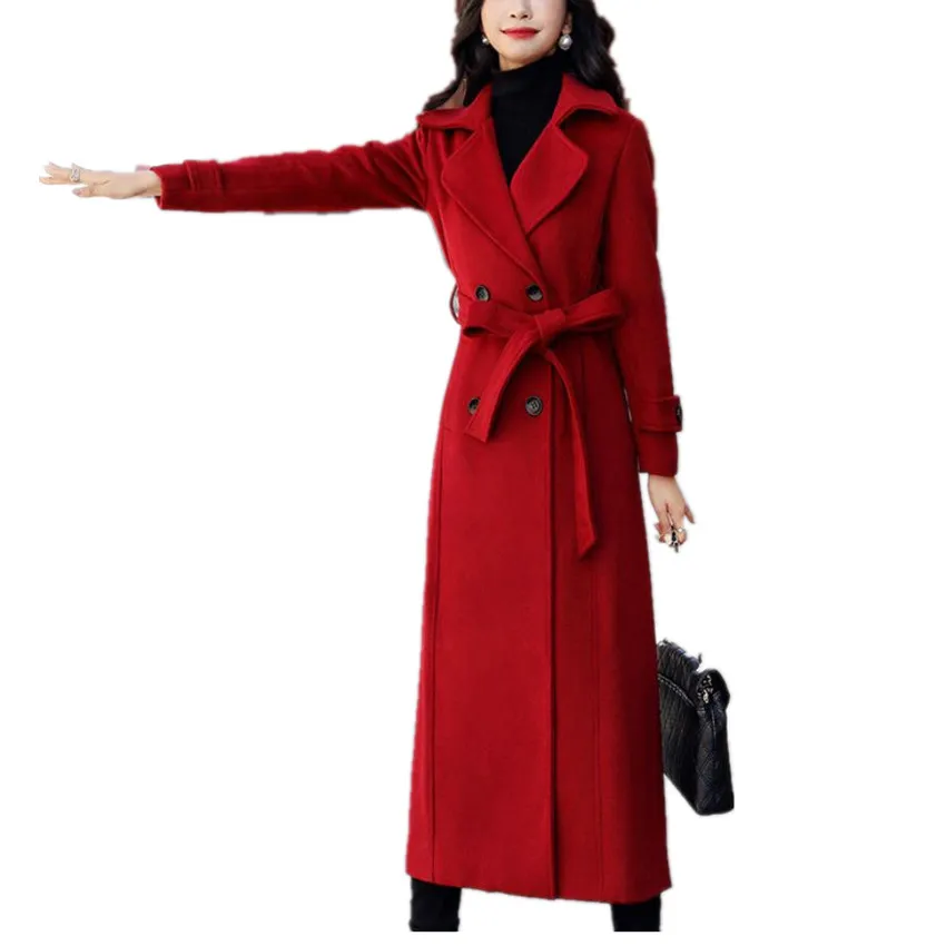 Plus velikost 3XL!X-ong rdeče volnene plašč ženske zimske dvojno zapenjanje dolgi suknji