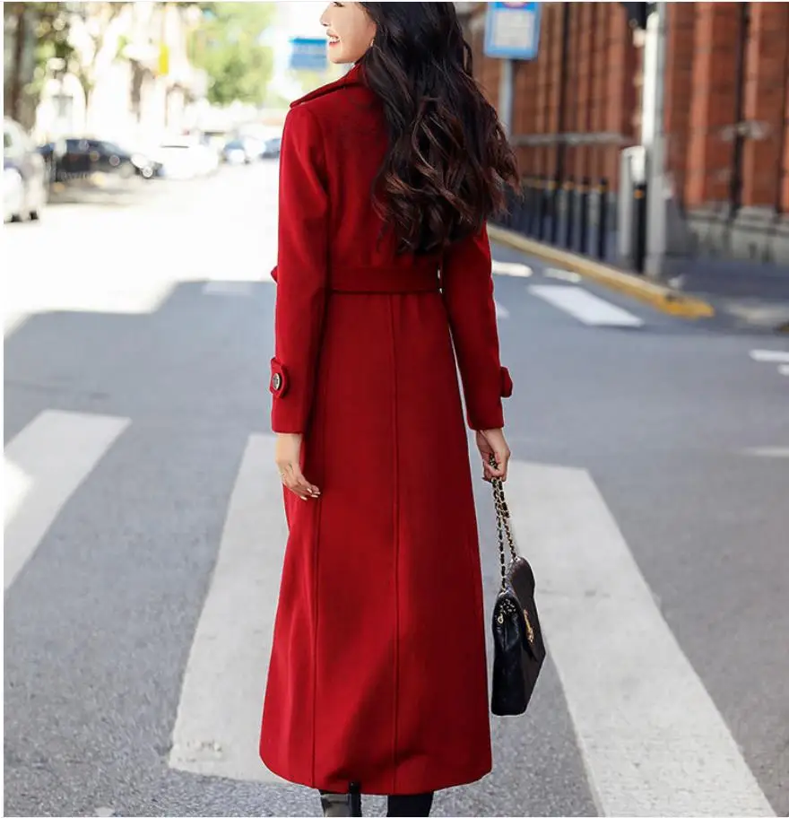 Plus velikost 3XL!X-ong rdeče volnene plašč ženske zimske dvojno zapenjanje dolgi suknji