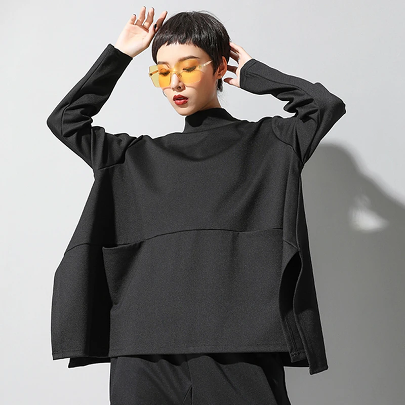 Plus Velikost Black Split Tshirt Ženske Žep Turtleneck Batwing Rokav Prevelik Pulover Vrhovi Modnih Oblačil Za Pomlad Jesen 2021
