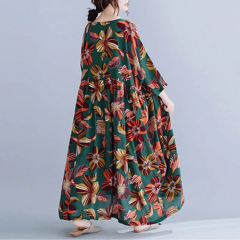 Plus Velikost Cvet Bombaža Poletje Oblačenja Žensk Natisnjeni Cvetlični Obleke Svoboden Priložnostne Prevelik Dolgo Obleko 4XL 5XL 6XL 7XL Haljo Femme