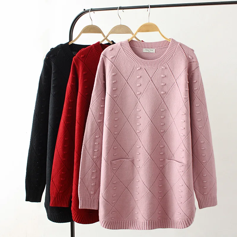 Plus velikost jeseni, pozimi O-Neck ženske Pleteni puloverji 2019 roza & temno rdeče in črno votlih iz dame jopica volne ženski 4XL