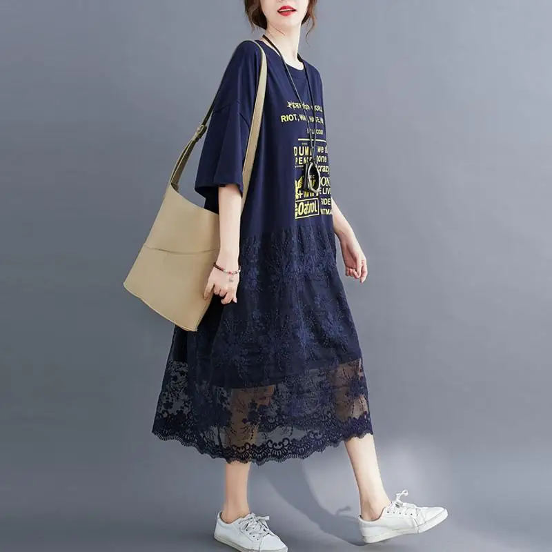 Plus Velikost Lace Majica s kratkimi rokavi Poletje Obleko 2020 korejski Bombaž Svoboden Ženske Obleke za Ženske, 4xl 5xl 6xl 7XL Prevelik Tiskanja Midi Obleko