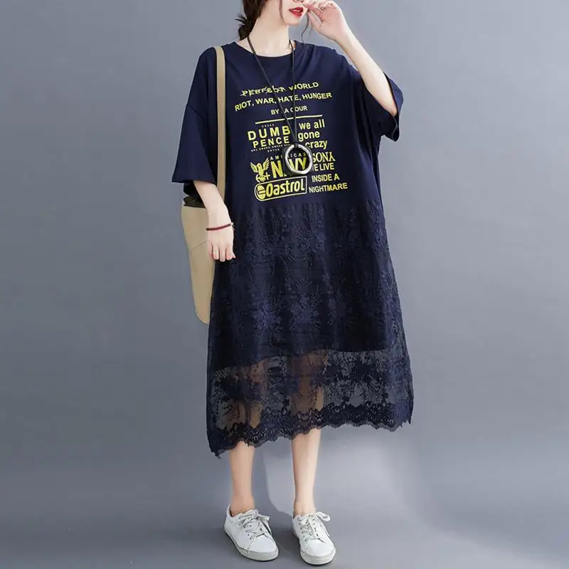 Plus Velikost Lace Majica s kratkimi rokavi Poletje Obleko 2020 korejski Bombaž Svoboden Ženske Obleke za Ženske, 4xl 5xl 6xl 7XL Prevelik Tiskanja Midi Obleko
