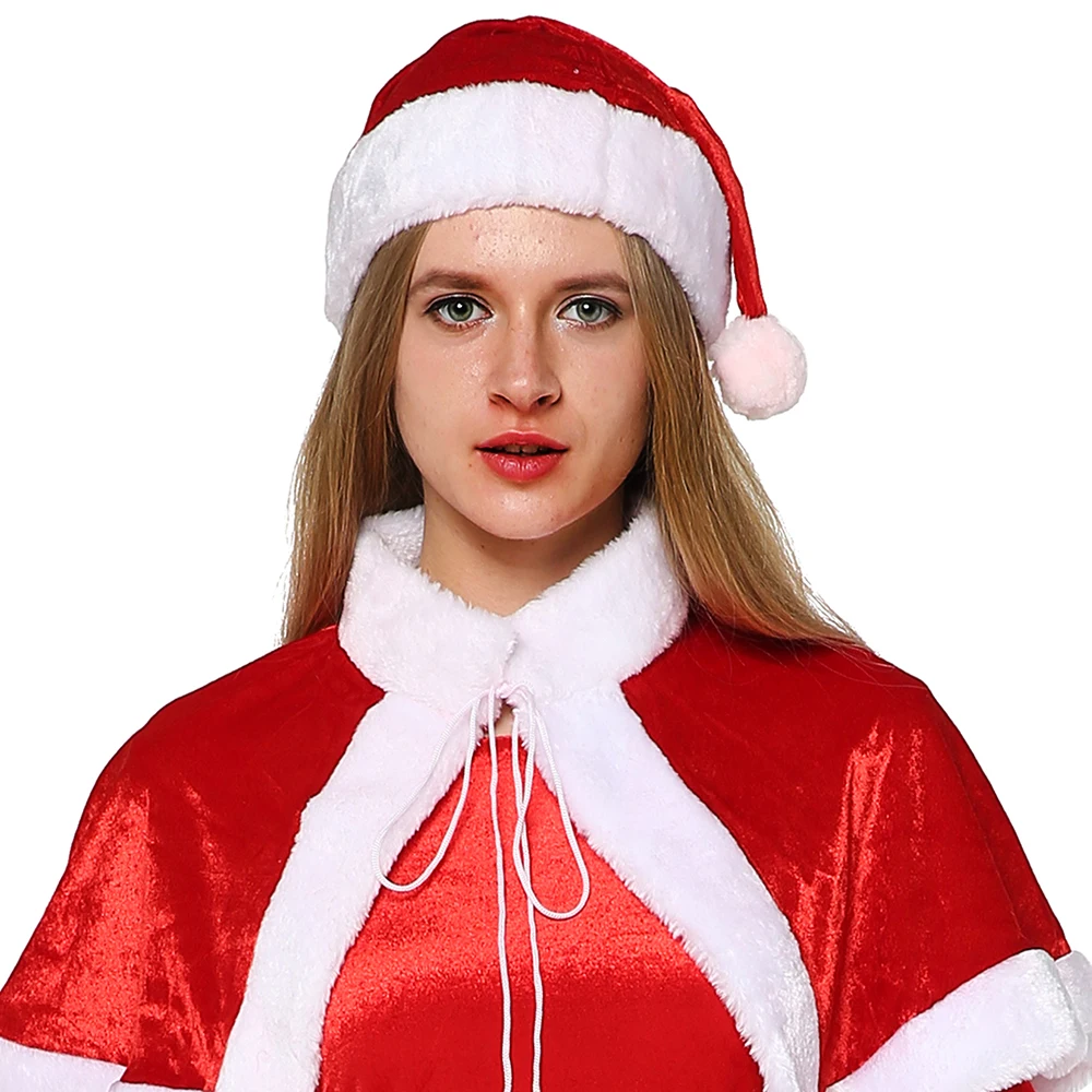 Plus velikost Miss Santa Claus Cosplay Božični Kostum Za Ženske Odraslih, Božič, Novo Leto Fancy Stranka Obleko Žametni Plašč, Klobuk