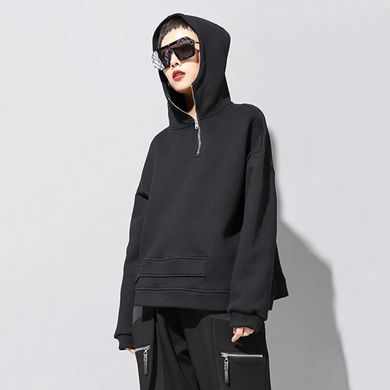 Plus Velikost Nezakonitih Majica Ženske Črna Korejski Moda Zadrgo Kapuco Z Dolgimi Rokavi Pulover Ohlapne Obleke Pomlad Jesen 2021