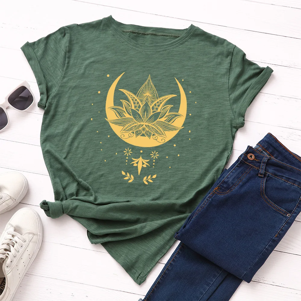 Plus Velikost S-5XL Bombaž Osnovne Tee Majice Ženske Ustvarjalne Galaxy Lotus Natisnjeni T-shirt Poletje Kratek Sleeve Zgornji del Oblačila Harajuku