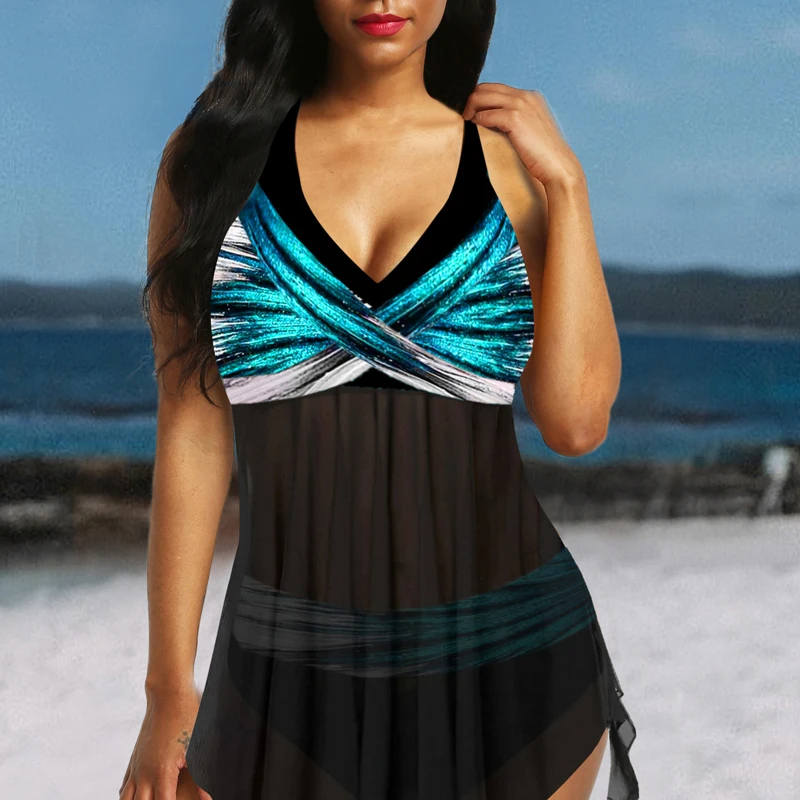 Plus Velikost ženske 5XL Bikini Kopalke 2020 Novo Povodcem Tiskanja Tankini Očesa Trunk Backless kopalke Seksi Kopalke Plaža Obrabe