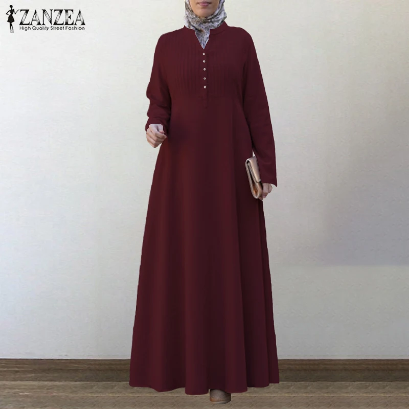 Plus Velikost Ženske Jeseni Muslimanskih Obleke Sundress ZANZEA Letnik Naguban Maxi Obleko z Dolgimi Rokavi Vestidos Ženski Trdna Islam Robe
