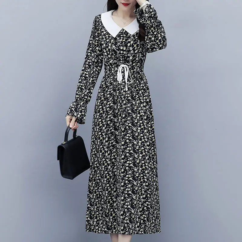 Plus Velikost Ženske Oblačila 2020 Spomladi in Jeseni Cvetlični Obleko Mid-dolžina Svoboden korejski Obleko z Dolgimi Rokavi Stranka Vestidos KN016