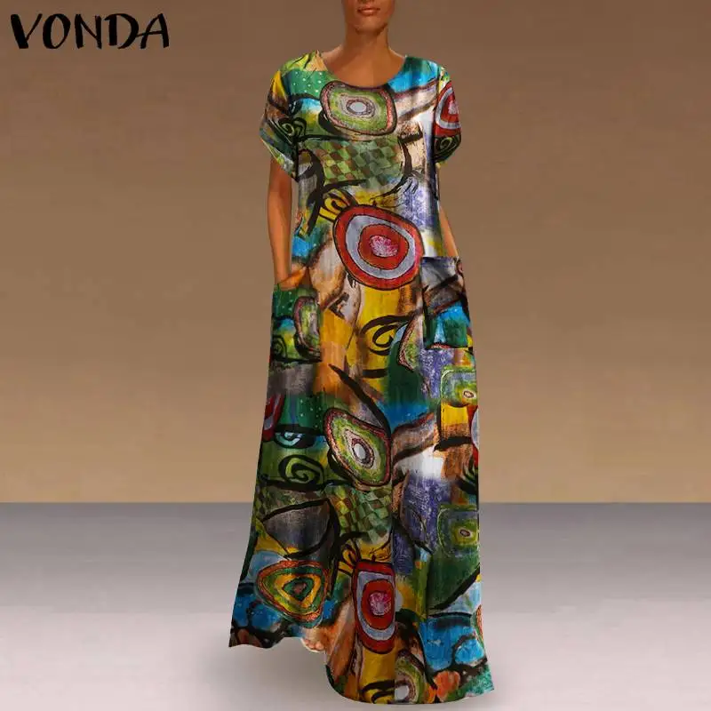 Plus Velikost Ženske obleke 2021 VONDA Priložnostne O Vratu Kratek Rokav Vintage Natisnjeni Dolge Obleke, Dame Poletje Stranka Haljo Femme 5XL