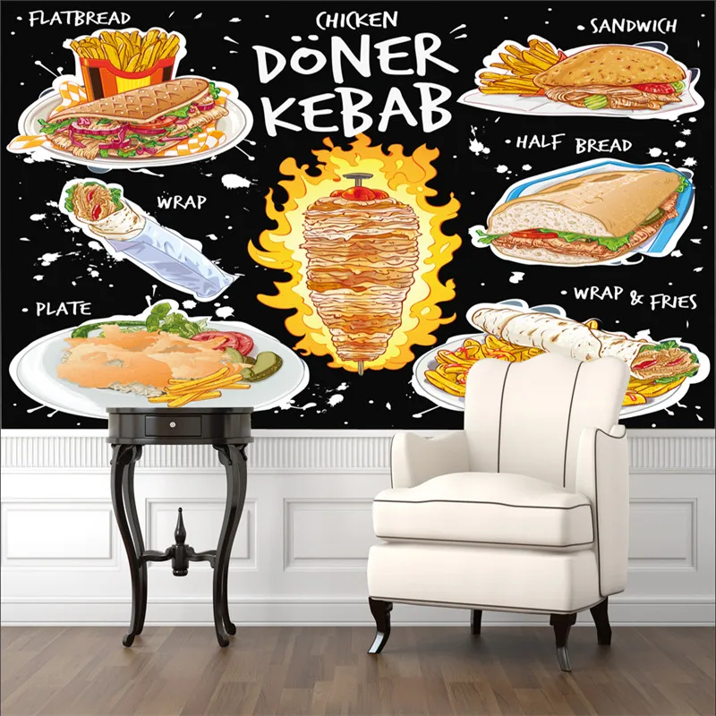 Po meri 3D Ameriške Hitre Hrane Zidana Ozadje Piščanec Doner Kebab Snack Bar, Restavracija Industrijske Dekor v Ozadju Stene Papirja 3D