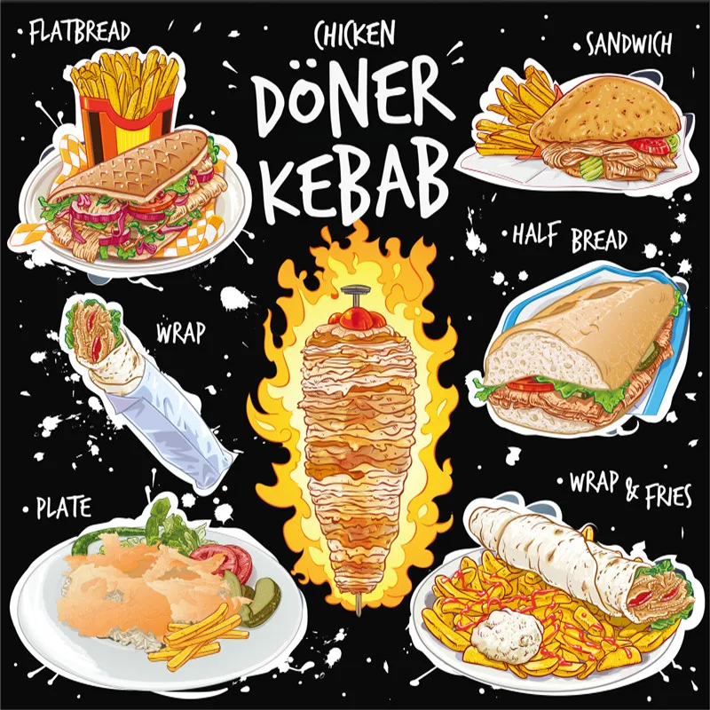 Po meri 3D Ameriške Hitre Hrane Zidana Ozadje Piščanec Doner Kebab Snack Bar, Restavracija Industrijske Dekor v Ozadju Stene Papirja 3D