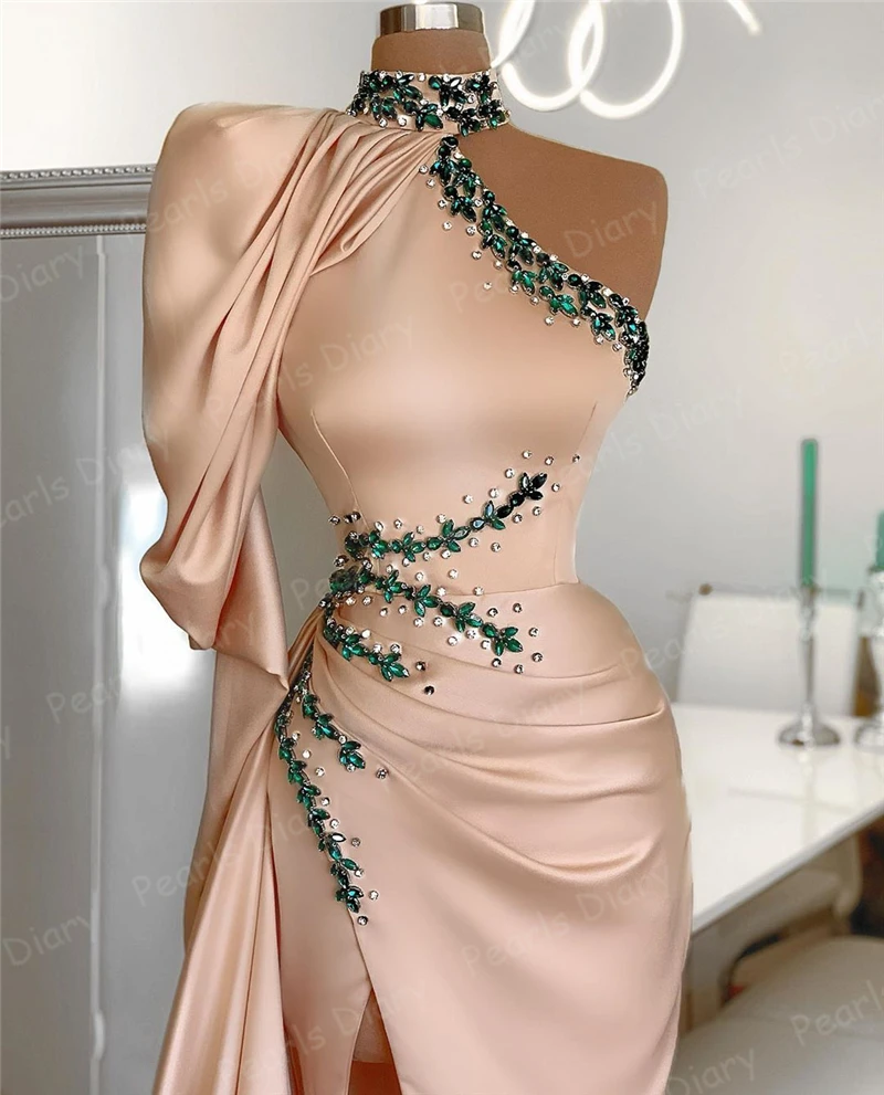 Po Meri Split Strani Večerne Obleke Čudovito Kristali Beaded Pageant Obleke Haljo De Soiree 2021 Dubaj Prom Obleke Saten Stranka Obleko