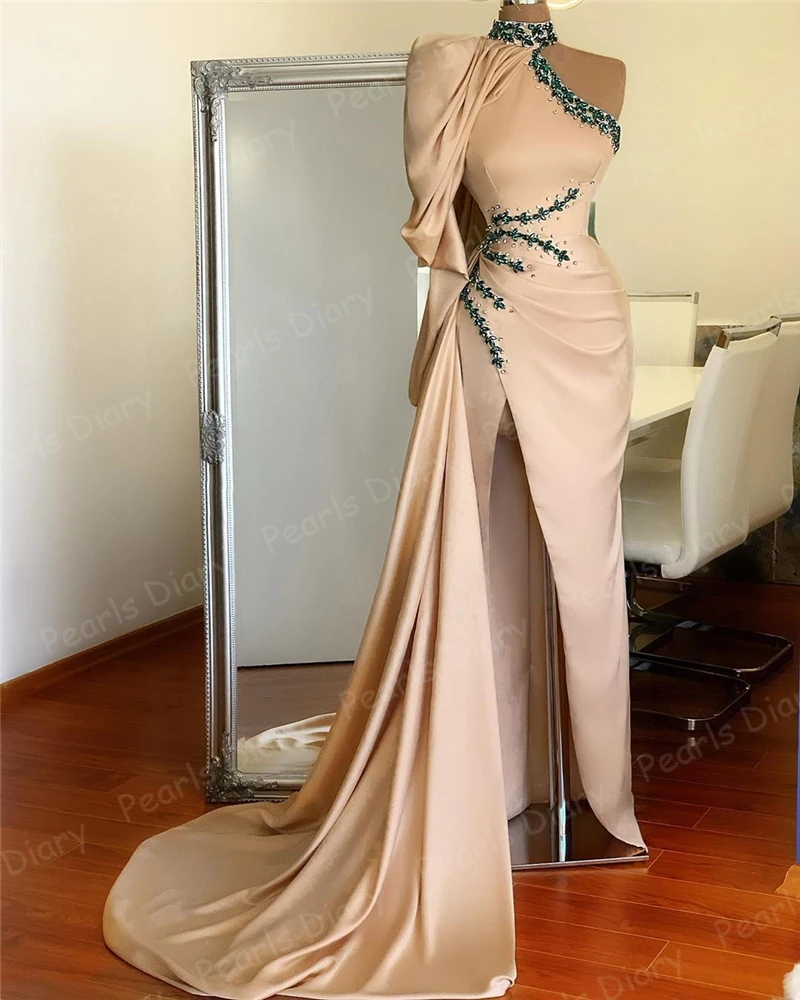 Po Meri Split Strani Večerne Obleke Čudovito Kristali Beaded Pageant Obleke Haljo De Soiree 2021 Dubaj Prom Obleke Saten Stranka Obleko