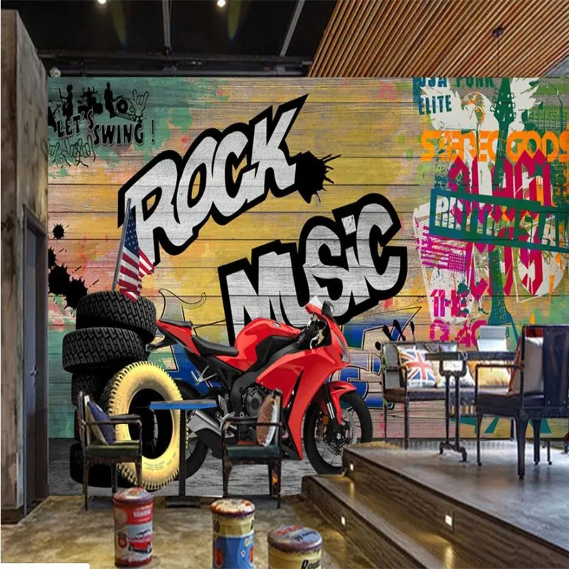 Po meri Street Art Motocikel Grafiti v Ozadju Stene Papirja 3D Rock Glasbe, Restavracija, Bar Industrijske Dekor Zidana Ozadje 3D