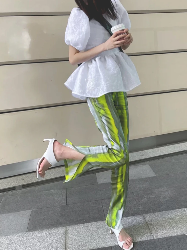 Po meri Street Fashion Geometrijske Tie-Dye Natisnjeni Visoko-Pas Hlače Ženske Jeseni Leta 2020 Nove Seksi Retro Ravne Noge Hlače