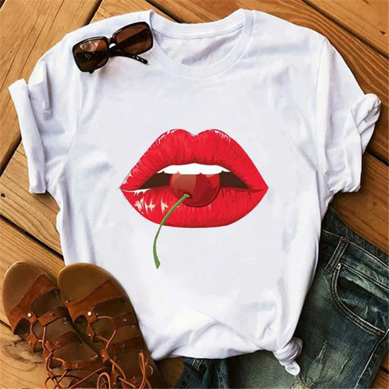 Poletje 2020 novo ohlapno barva krog vratu kratkimi rokavi ženske T-shirt, seksi ustnice tiskanja ženske ' s plus velikost dame vrhovi oblačila