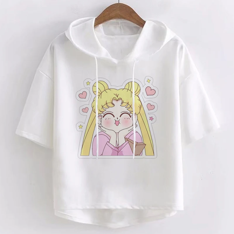 Poletje Kawaii Vrhovi Sailor Moon Anime Kawaii Risanka Grafiko, Roza Tees Smešno Harajuku Kratek Sleeve Hooded T-shirt Modna Oblačila
