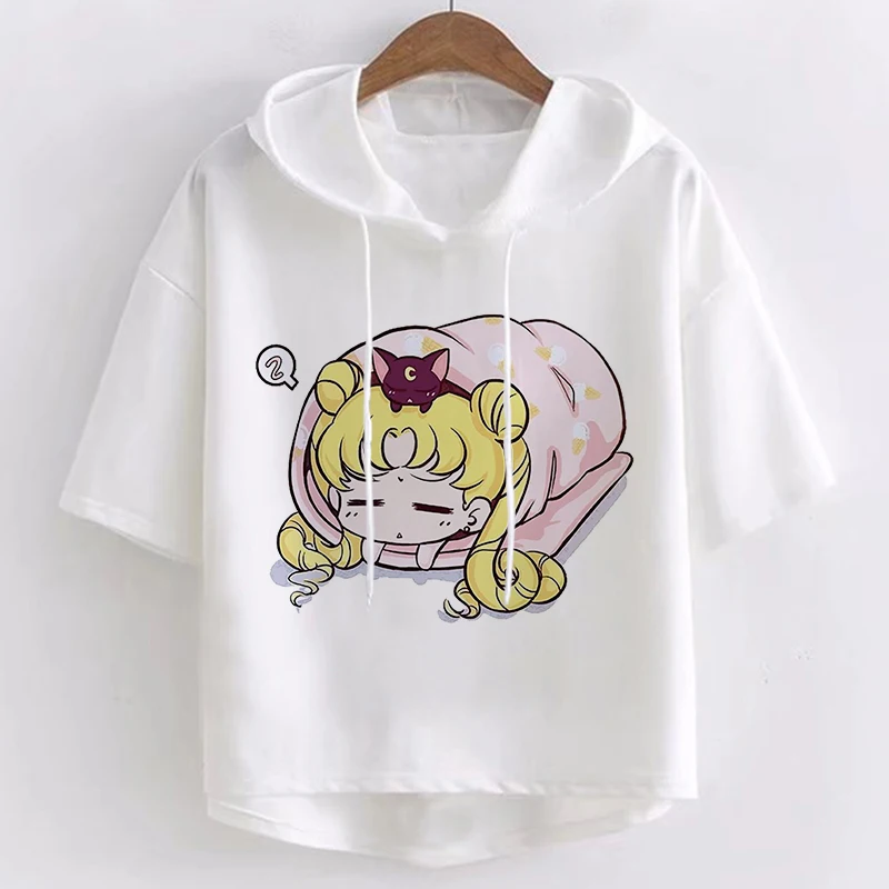Poletje Kawaii Vrhovi Sailor Moon Anime Kawaii Risanka Grafiko, Roza Tees Smešno Harajuku Kratek Sleeve Hooded T-shirt Modna Oblačila