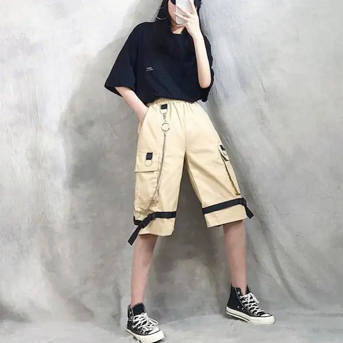 Poletje korejski ins tovora hlače hip hop hlače priložnostne hlače študentom Svoboden vrečasta ravne cevi kratke hlače za ženske nevtralno Črna
