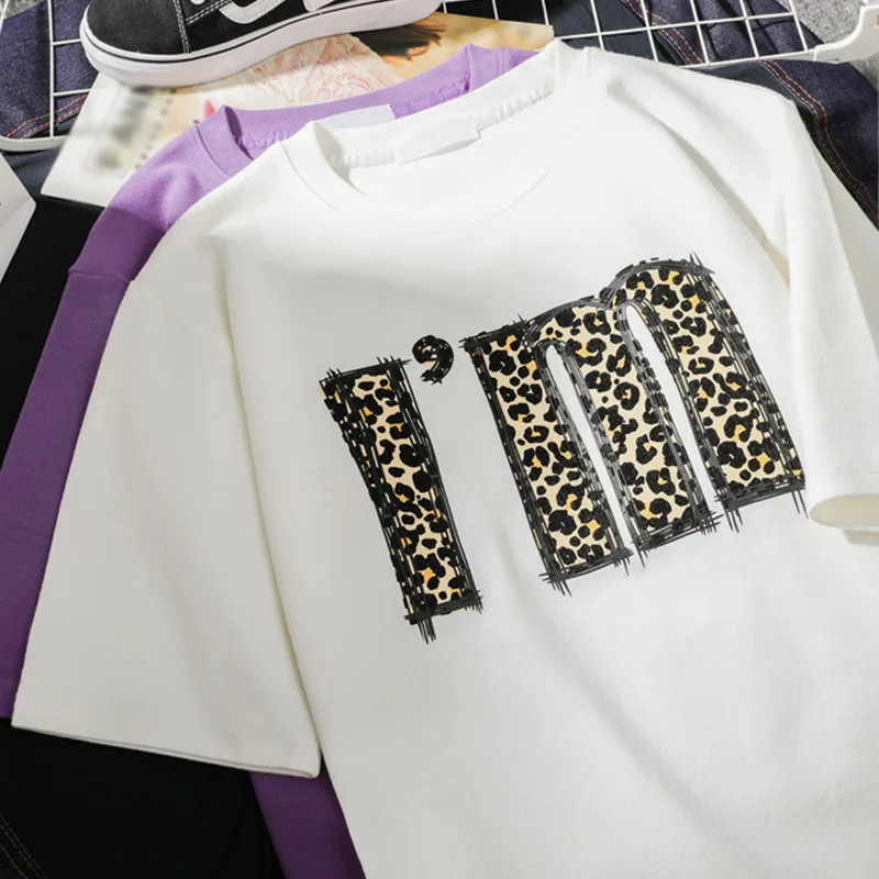 Poletje Leopard Pismo Natisnjeno Ženske majice O-Vratu Kratkimi Rokavi Ženske Tees Vrhovi 2021 Harajuku Priložnostne Svoboden Dame T-shirt