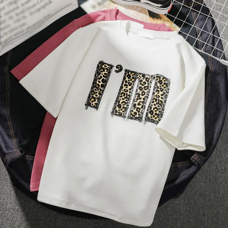 Poletje Leopard Pismo Natisnjeno Ženske majice O-Vratu Kratkimi Rokavi Ženske Tees Vrhovi 2021 Harajuku Priložnostne Svoboden Dame T-shirt