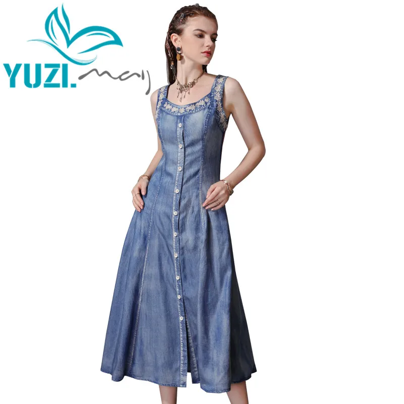 Poletje Obleko 2019 Yuzi.lahko Boho Novo Denim Ženske Obleke Kvadratnih Ovratnik brez Rokavov beloprsi Singl Ženski Vestidos A82172 Vestido