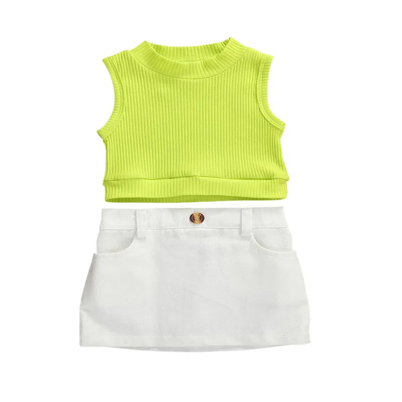Poletje Otroci Dekle moda Obleko brez rokavov zelen telovnik Vrhovi Fluorescence T-Shirt Mini Gumb belo Krilo Obleke Set