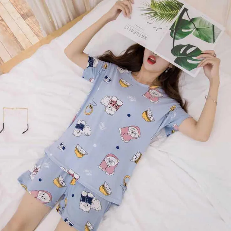 Poletje Pižamo Dekle je Kratek Rokav Slim Sleepwear Velikosti T-shirt + Odrezana Hlače Dva-delni Set Lepe Ženske Pižame 3XL