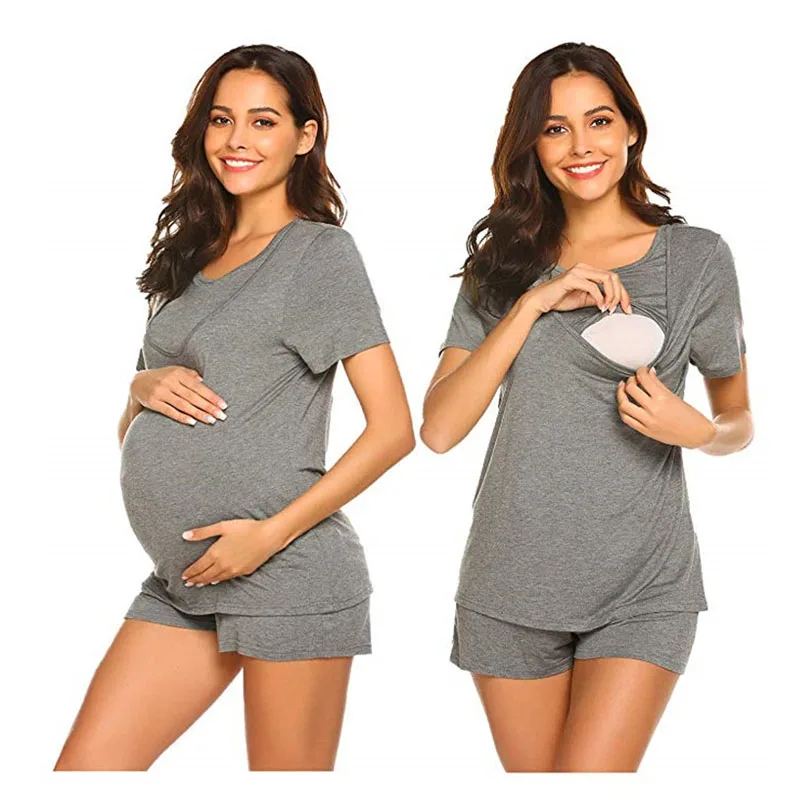 Poletje Porodniškega Pjs Dojenje More Set Shirt Kratek Rokav & Nastavljiv Noseča Hlače Mehko Lactancia Pižami
