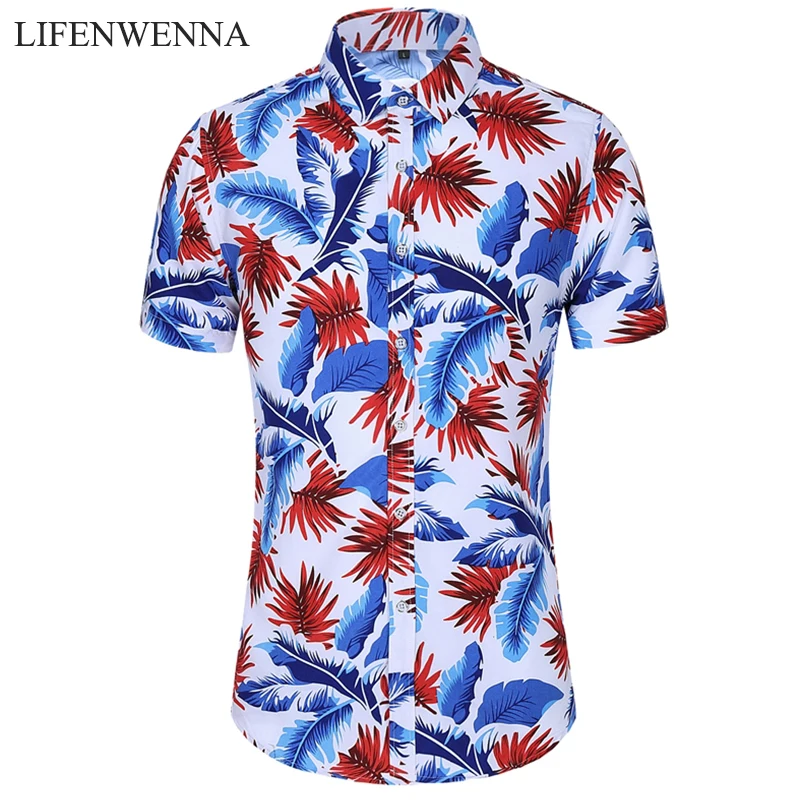 Poletje Rokavi Moški 2020 Nov Modni Cvet Natisnjeni Kratek Rokav Srajce, Mens Plus Velikost Hawaiian Beach Vrhovi Bluzo Moški 5XL 6XL 7XL