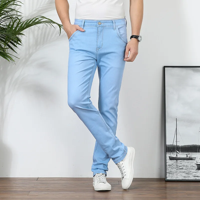 Poletje tanek jeans moške 2020 novo blagovno znamko oblačil business casual kakovostnega bombaža stretch Traper kavbojke slim light blue 8028
