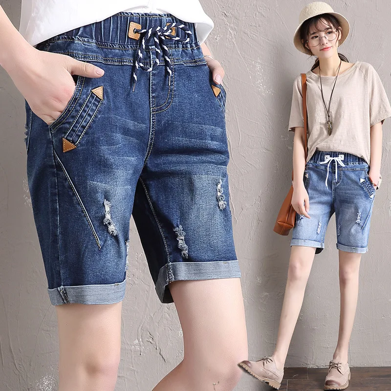 Poletje traper hlače pet točk jeans hlače ženske elastični pas plus velikost moda priložnostne svoboden luknjo traper hlače z žepi