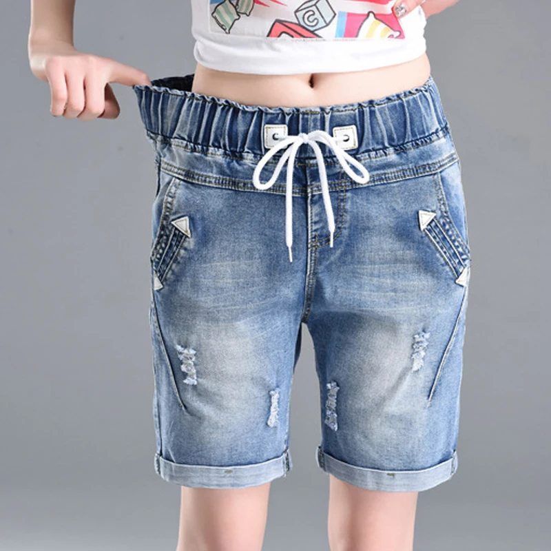 Poletje traper hlače pet točk jeans hlače ženske elastični pas plus velikost moda priložnostne svoboden luknjo traper hlače z žepi
