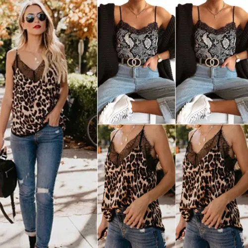 Poletje Ženske Dama Dekle Proti-Vrat Leopard Kača Tiskanja Camisole Svoboden Prosti Čas Priložnostne Modni Telovnik Čipke Strappy Cami Vrhovi
