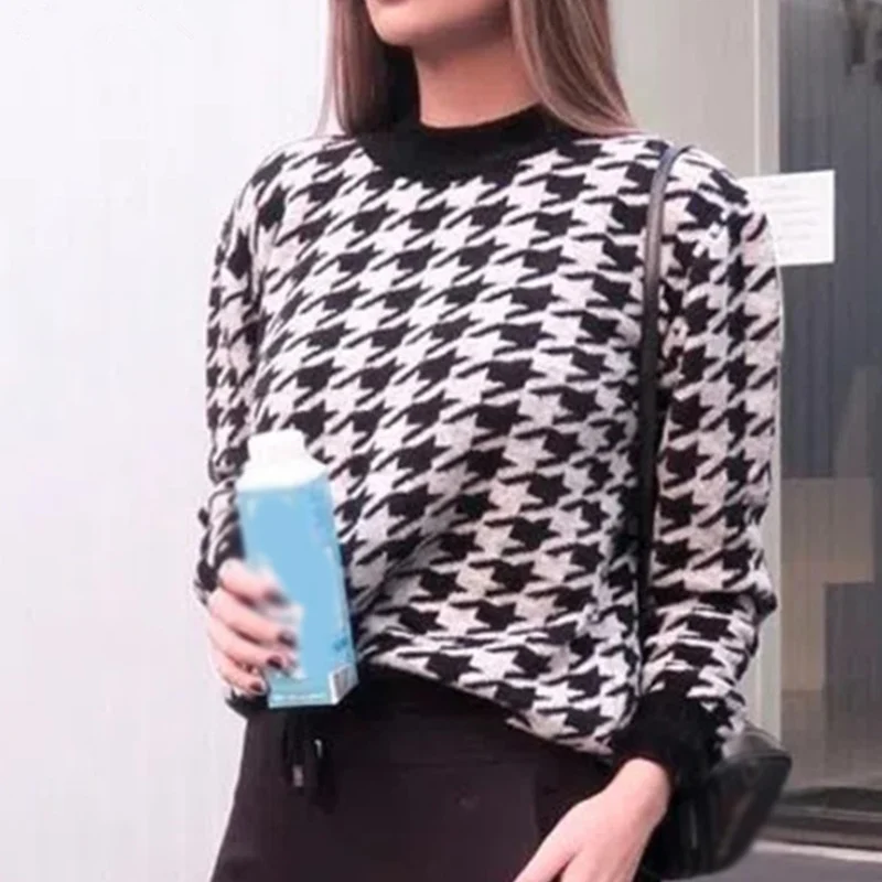 Pomlad Geometrijske Ženske Pletene Puloverje Houndstooth O-Vratu Ženski Pulover 2021 Pozimi Retro korejski Dame Džemper Ulične