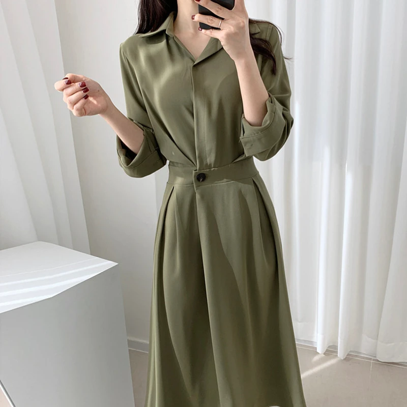 Pomlad Jesen Korejski Elegantna Francoskem Slogu Barva Shirt Obleko Mid-Dolžina Visoko-Pas Obleka Ženske