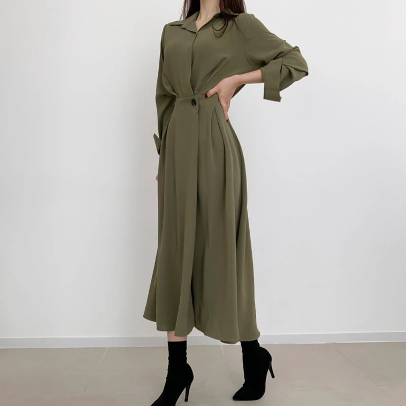 Pomlad Jesen Korejski Elegantna Francoskem Slogu Barva Shirt Obleko Mid-Dolžina Visoko-Pas Obleka Ženske